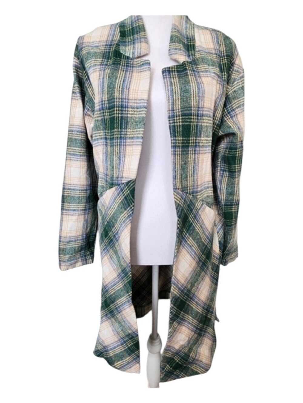 Entro Green Pink Plaid Longline Lagenlook Open Shacket Women's Size M
